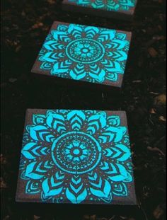 two wooden blocks with glow in the dark designs on them, one is green and the other is black