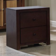 a wooden nightstand with two drawers on the bottom and an open drawer in front of it