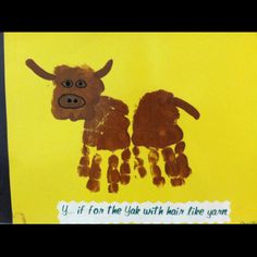 a child's hand and foot print of a cow on a yellow background with the words if for the look with hair like yarn