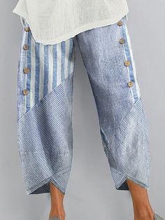 Stylish Striped Side Pocket Pants Casual Blue Pants With Buttons, Non-stretch Wide-leg Pants With Buttons, Non-stretch Wide-leg Bottoms With Buttons, Casual Straight Pants With Buttons, Relaxed Fit Pants With Buttons For Summer, Relaxed Fit Summer Pants With Buttons, Casual Baggy Pants With Buttons, Casual Ankle-length Pants With Buttons, Summer Relaxed Fit Pants With Buttons