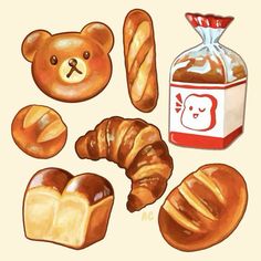 a painting of bread, pretzels and a bear