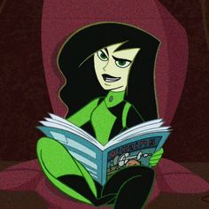 an animated image of a woman sitting on a chair reading a book with her eyes closed