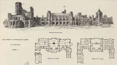 an old architectural drawing of a castle with two floors and three rooms, including the first floor