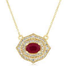 14K yellow gold ruby double diamond halo pendant necklace from the Reis-Nichols Collection. The necklace features one oval ruby weighing .97 ctw and round brilliant cut diamonds weighing .35 ctw. The necklace measures 18" in length. Royal Ruby, Double Diamond, Halo Pendant, Ruby Necklace, Royal Jewelry, Diamond Halo, Style Gift, Round Brilliant Cut Diamond, Brilliant Cut Diamond