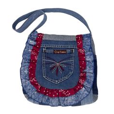 a denim purse with red and blue details