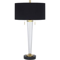 a lamp with a black shade on the base and a gold trimming around it