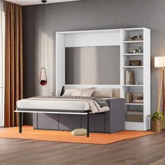 a bedroom with a bed, bookshelf and lamp on the floor in front of it