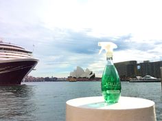 a bottle of alcohol sitting on top of a white pillar next to a body of water