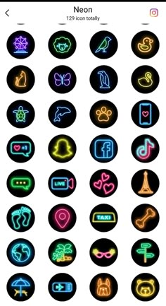 the neon icons are displayed in different colors