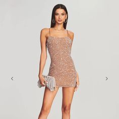 An Instant Classic, Our Dionne Dress Was Designed To Stand The Test Of Time. This Streamlined Mini Tube Dress Features Hand-Stitched Sequin Embroidery And Spaghetti Straps. The No-Slip Interior Top Trim Keeps Your Dress In Place While You Dance The Night Away. Shown Here In Silver/Nude. Handmade 100% Nylon Made In India Model Is 5'10" Wearing Size S Style No. Pf22-5403 Sold Out On Retrofete + Revolve Champagne Dress With Spaghetti Straps For Night Out, Champagne Dresses With Spaghetti Straps For Night Out, Champagne Spaghetti Strap Dress For Night Out, Champagne Mini Dress For Summer Gala, Fitted Champagne Mini Dress For Evening, Champagne Mini Length Cocktail Dress, Champagne Mini Cocktail Dress, Mini Tube Dress, Sequin Embroidery