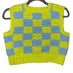 Handmade Crochet Green & Blue Checkered Cropped Vest Size X-Small Never Worn! Perfect Condition! Machine Washable Trendy Blue Crochet Top For Spring, Winter Blue Crochet Tops, Casual Blue Crochet Tops, Casual Blue Cotton Crochet Top, Crochet Cropped Vest, Checkered Crochet, Crochet Green, Blue Checkered, Cropped Vest