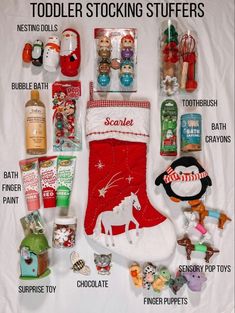 the contents of a stocking are displayed on a sheet