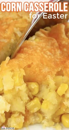 corn casserole for easter on a white plate with a fork in it and text overlay that reads corn casserole for easter