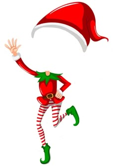 an elf is running with his arms in the air while wearing green and red striped pants