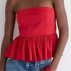 Nwt Elevate Your Wardrobe With This Gorgeous J.Crew Strapless Taffeta Peplum Top That Is Perfect For Any Occasion. The Beautiful Red Color Adds A Pop Of Color To Your Outfit While The Plus Size 24 Ensures A Comfortable And Flattering Fit. The Taffeta Fabric Adds A Touch Of Elegance, Making It Perfect For Dressier Events. The Strapless Design Adds Extra Style And Sophistication To Your Look. This Blouse Is A Must-Have For Any Fashion-Forward Woman Who Wants To Look Her Best. Summer Evening Fitted Peplum Top, Chic Fitted Ruched Peplum Top, Red Fitted Peplum Top, Fitted Red Peplum Top, Chic Red Peplum Top, Red Strapless Evening Top, Red Peplum Tops For Summer, Peplum Top Outfits, Red Peplum Tops