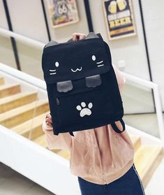 Kawaii Black Kitty Canvas Backpack - Kuru Store Cute Cat Embroidery, Sailor Moon Backpack, Embroidery Canvas, Kawaii Bags, Cat Purse, Cat Embroidery, Black Kitty, Cat Backpack, Student Bag