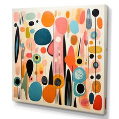 an abstract painting on canvas with various shapes and sizes, including circles and dots in different colors