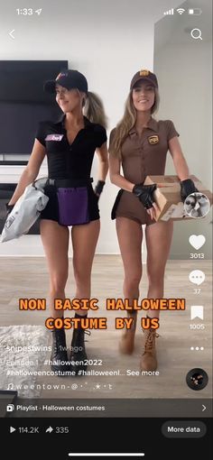 two women dressed in costumes standing next to each other and holding skateboards with the caption, non basic halloween costumes by us