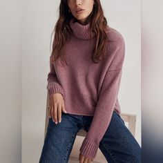 New With Tags. Madewell Sadler Turtleneck Sweater. Size Small Color Hthr Mauve Reason #1,000 Why We Love Sweater Weather: This Turtleneck. Knit In A Charming Mixed Stitch From A Buttery-Soft Merino Wool Blend, It's Cropped (For Maximum Styling Possibilities) With An Easy Boxy Fit. The Style You'll Be Reaching For All Season. Boxy, Cropped Fit. Body Length From High Point Of Shoulder: 19 3/4" (Based On Size M). Nylon/Merino Wool/Polyester/Acrylic. Machine Wash. Import. Cable Turtleneck Sweater, Love Sweater, Oversized Turtleneck Sweater, Ribbed Turtleneck Sweater, Ladies Turtleneck Sweaters, Madewell Sweater, Madewell Sweaters, Ribbed Turtleneck, Fit Body