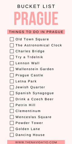 a pink and white checklist with the words, bucket list prague things to do in prague