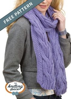 a woman wearing a purple knitted scarf with the text free pattern below it that says knitting space