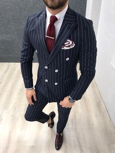 Louis Slim Fit Double Breasted Navy Suit-baagr.myshopify.com-1-BOJONI Double Breasted Pinstripe Suit, Tie Chain, Navy Suit Wedding, Pants Gift, Shirt Tie, Fashion Suits For Men, Navy Suit, Pinstripe Suit, Mens Fashion Classy