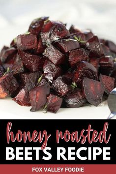 beets on a plate with text overlay that reads honey roasted beets recipe