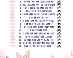 a baby's checklist with pink flowers and butterflies in the bottom right corner