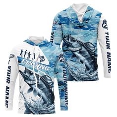 a blue and white hoodie with fishing on it