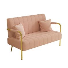 a pink couch with gold frame and pillows on it's backrest, against a white background