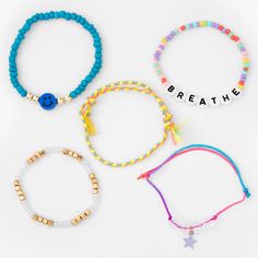 Accessorize your wrists in style and with a smile! This pretty set includes 3 beaded stretch bracelets and 2 adjustable bracelets, some with charms and one with the word "Breathe", in a rainbow of colors to accent any outfit. Pack Size: 5 Material: Plastic - Claire's Breathe Novelty Beaded Stretch Bracelets - 5 Pack Playful Adjustable Friendship Bracelets With Round Beads, Adjustable Playful Friendship Bracelets With Round Beads, Adjustable Beaded Charm Bracelet For Everyday, Everyday Multicolor Adjustable Charm Bracelet, Trendy Beaded Friendship Bracelets For Everyday, Adjustable Letter Beads Friendship Bracelets, Playful Everyday Friendship Bracelets With Round Beads, Trendy Hypoallergenic Braided Bracelets For Friendship, Playful Adjustable Blue Charm Bracelet