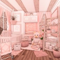 a baby's room is decorated in pink and white