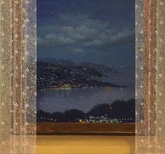 a painting of a night scene with the city lights in the distance