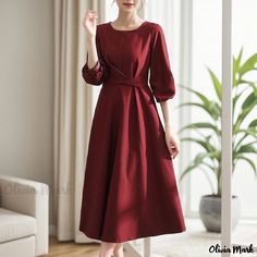 Olivia Mark - Elegant Long Sleeve A-Line Dress with Cinched Waist and Round Neck Casual Denim Dress, Flare Dresses, Round Neck Dress, Round Neck Dresses, Pleated Maxi Dress, Elegant Dresses Long, Crewneck Dress, Everyday Dresses, Fit N Flare Dress