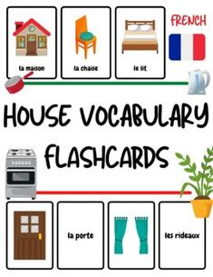 a poster with words and pictures on it that say house vocarulary flashcards