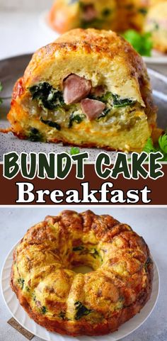 the bundt cake breakfast has been made with ham, cheese, and spinach