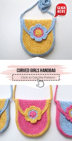 crocheted girls'handbag with flowers on the front and side, shown in three different colors