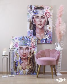 two paintings on the wall next to a pink chair