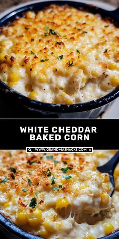 white cheddar baked corn casserole in a cast iron skillet