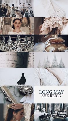 long may she reign movie poster with many different scenes in the same photo, including a woman's dress and tiara