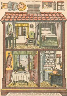 an illustration of a doll house with furniture inside