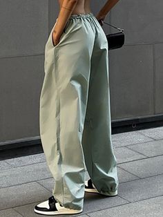 Loose Drawstring Pockets Pants Trousers LIGHT GREEN-L Trousers Women Casual, Women Casual Outfits, Low Waist Pants, Outfits Baggy, Pants Y2k, Pockets Pants, Outfits Streetwear, Wide Leg Sweatpants, Korean Fashion Casual