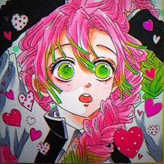 a drawing of a girl with pink hair and green eyes in front of some hearts