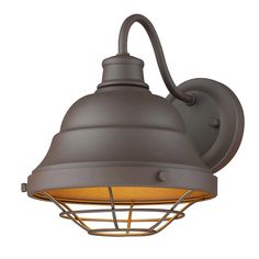 an outdoor wall light with a metal cage around the bottom and a yellow light at the top