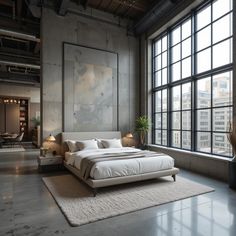 a large bed sitting next to a window in a room with lots of tall windows