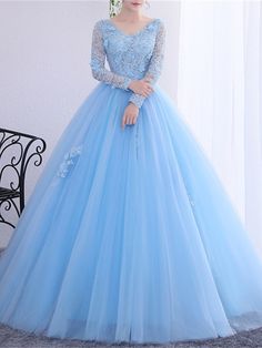 Princess Dresses Blue, Alice In Wonderland Quinceanera Theme Dress, Blue Quinceanera Dresses With Sleeves, Light Blue Gowns Elegant, Winter Quinceanera Dresses, Quinceanera Dresses With Sleeves, Puffy Ball Gowns, Quinceanera Dresses Princess, Cheap Quinceanera Dresses