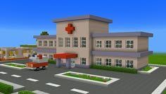 Simple Cute Minecraft City, Mincraft Idea Town, Cute Minecraft Town, Minecraft Street Decoration, Minecraft Vet Clinic, Minecraft Strip Mall, Minecraft Hospital Interior, Minecraft School Building, Buildings In Minecraft