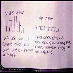 a piece of paper with writing on it that says, side view top now we see sin as god sees sin as come people's yes skysavers are there from heaven