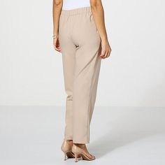 Jaclyn Smith Straight-Leg Pull-On Pant  Timelessly tailored yet always-at ease, these essential straight-leg pants are laid-back and comfortable yet refined and perfectly polished. For endless style options, dress them up or down with a blouse, sweater or graphic tee. Elegant Pull-on Pants For Daywear, Elegant Comfort Stretch Bottoms For Business Casual, Elegant Pull-on Comfort Stretch Bottoms, Elegant Comfort Stretch Pull-on Bottoms, Elegant Comfort Stretch Straight Pants, Elegant Bottoms With Pull-on Style And Comfort Stretch, Elegant Comfort Stretch Pants With Elastic Waistband, Elegant Pants With Elastic Waistband And Comfort Stretch, Chic Comfort Stretch Tapered Leg Pants