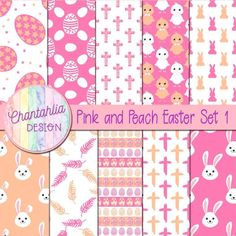 pink and peach easter digital paper set with bunnies, eggs, cross, bunny ears